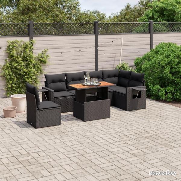 Salon de jardin 7 pcs avec coussins noir r�sine tress�e