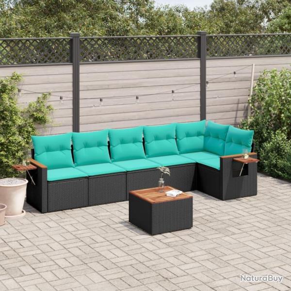 Salon de jardin 7 pcs avec coussins noir r�sine tress�e