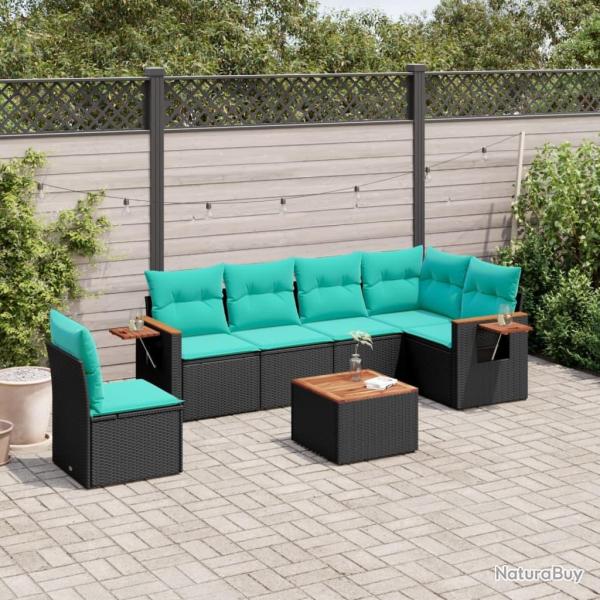 Salon de jardin 7 pcs avec coussins noir r�sine tress�e