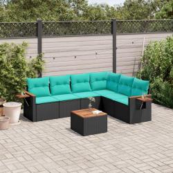 Salon de jardin 7 pcs avec coussins noir r&eacute;sine tress&eacute;e