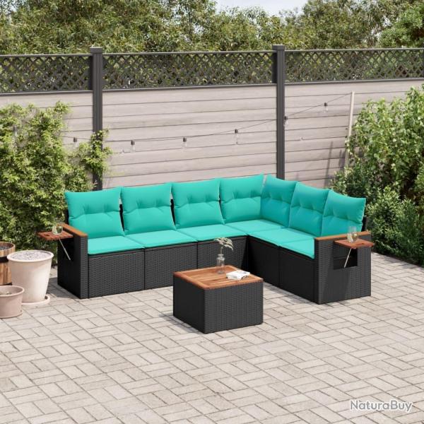 Salon de jardin 7 pcs avec coussins noir r�sine tress�e
