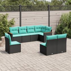 Salon de jardin 8 pcs avec coussins noir r&eacute;sine tress&eacute;e