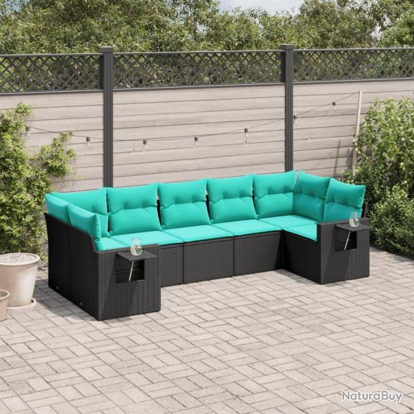 Salon de jardin 7 pcs avec coussins noir r�sine tress�e