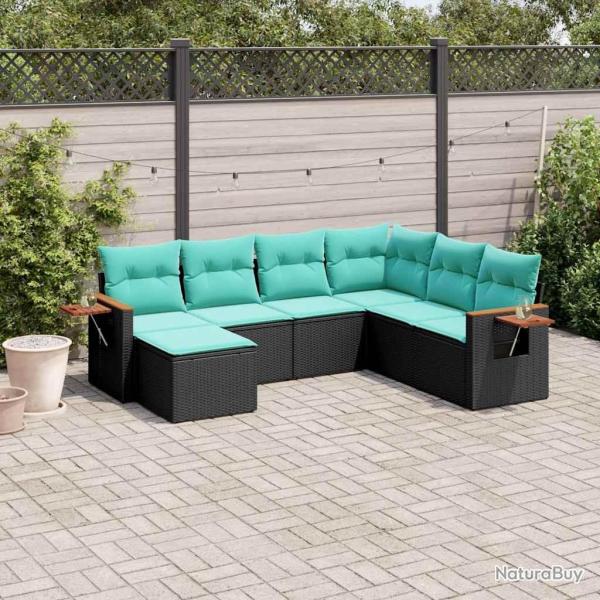 Salon de jardin 7 pcs avec coussins noir r�sine tress�e