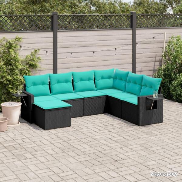 Salon de jardin 7 pcs avec coussins noir r�sine tress�e