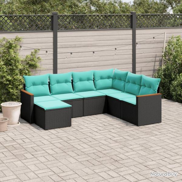 Salon de jardin 7 pcs avec coussins noir r�sine tress�e