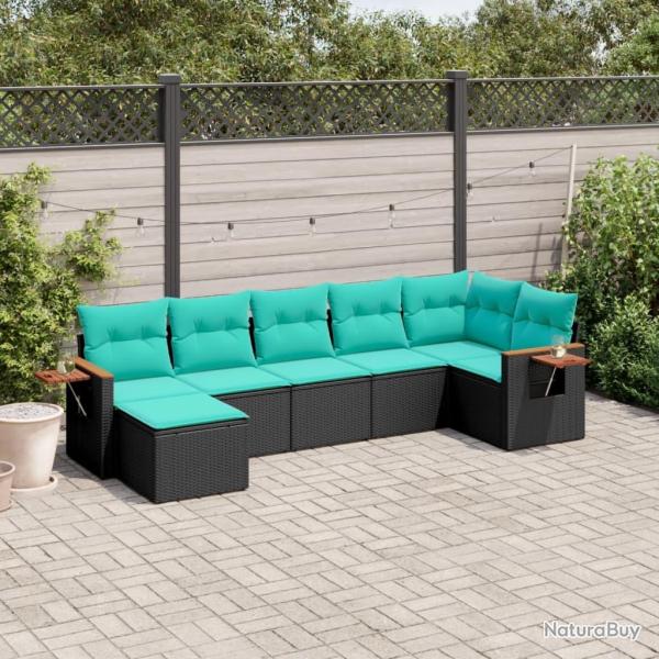 Salon de jardin 7 pcs avec coussins noir r�sine tress�e