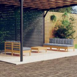Salon de jardin 6 pcs avec coussins gris bois de pin
