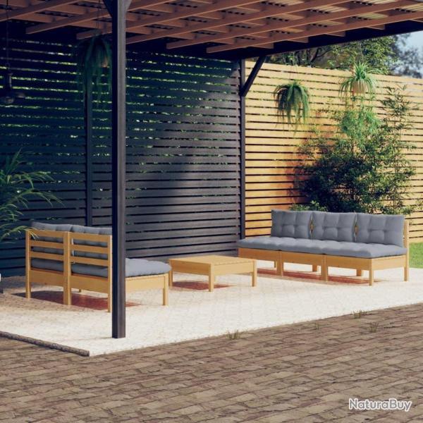 Salon de jardin 6 pcs avec coussins gris bois de pin