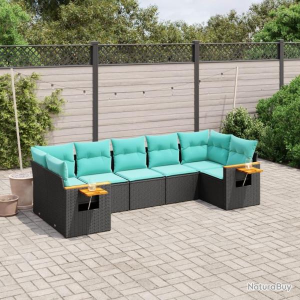 Salon de jardin 7 pcs avec coussins noir r�sine tress�e