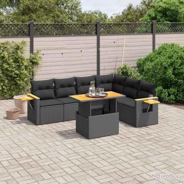 Salon de jardin 7 pcs avec coussins noir r�sine tress�e