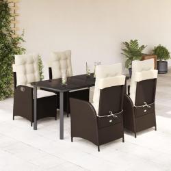Ensemble &agrave; manger de jardin 5 pcs et coussins marron poly rotin