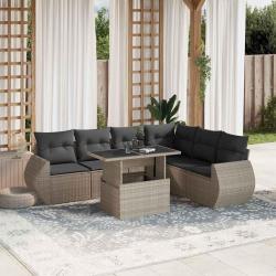 Salon de jardin avec coussins 7 pcs gris clair r&eacute;sine tress&eacute;e