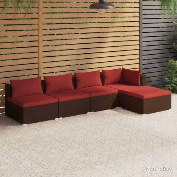 Salon de jardin 5 pcs avec coussins r�sine tress�e marron