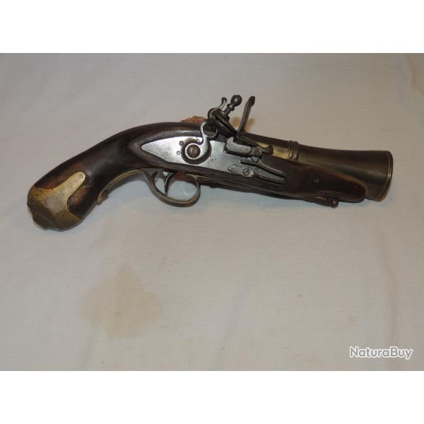 JOLI ANCIEN  PISTOLET � SILEX de MARINE / CANON TROMBLON BRONZE