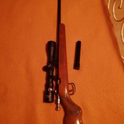 Carabine 22lr, un coup, marque Manu arm, parfait &eacute;tat, embout filet&eacute;, lunette Walther 3x9x40,