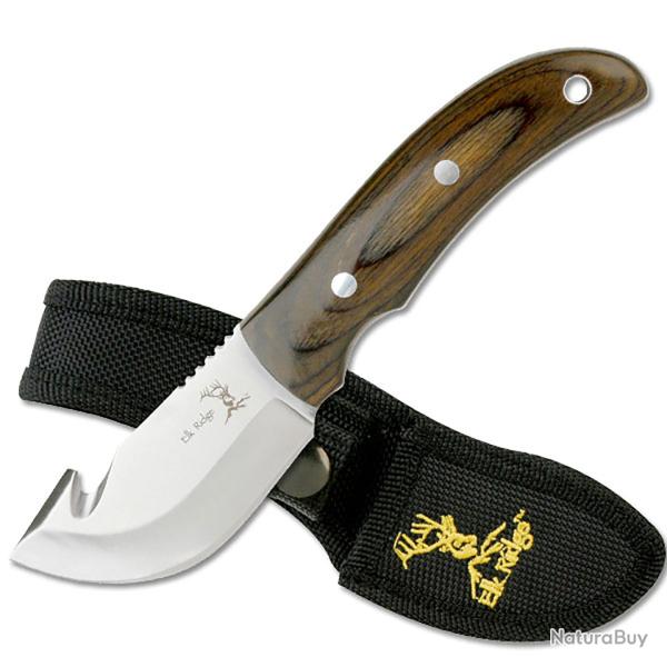 Couteau Elk Ridge Guthook Hunter Lame Acier 3Cr13 Manche Bois marron Etui Nylon ER108