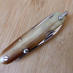 Couteau ancien multifonctions navette vintage 6 pi&egrave;ces inox corne GUICHARD Thiers FRANCE
