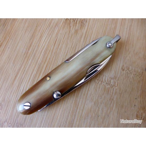 Couteau ancien multifonctions navette vintage 6 pi�ces inox corne GUICHARD Thiers FRANCE