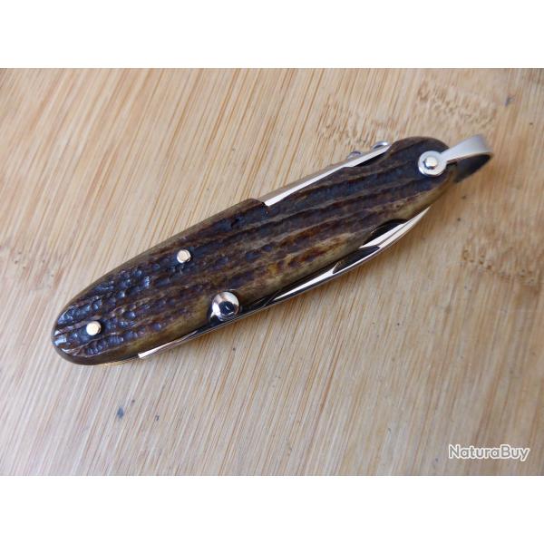 Couteau ancien multifonctions navette vintage 6 pi�ces os cerf� BARGEON Thiers france