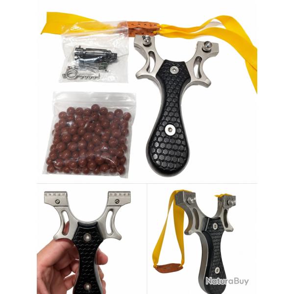 Lance-pierre professionnel en acier inoxydable + 2 �lastiques + 100 billes - Haute pr�cision