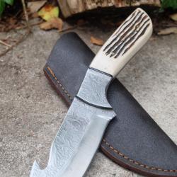Couteau Guthook Lame Carbone 1055 Gravures Laser Manche R&eacute;sine Etui Simili Cuir Fabri Artisanale