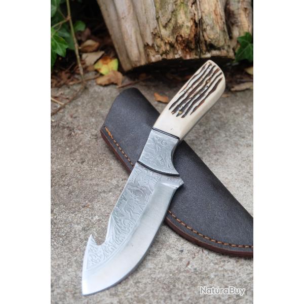 Couteau Guthook Lame Carbone 1055 Gravures Laser Manche R�sine Etui Simili Cuir Fabri Artisanale