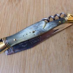 Ancien couteau pliant LAGUIOLE carbone 2 pi&egrave;ces corne CALMELS Laguiole FRANCE