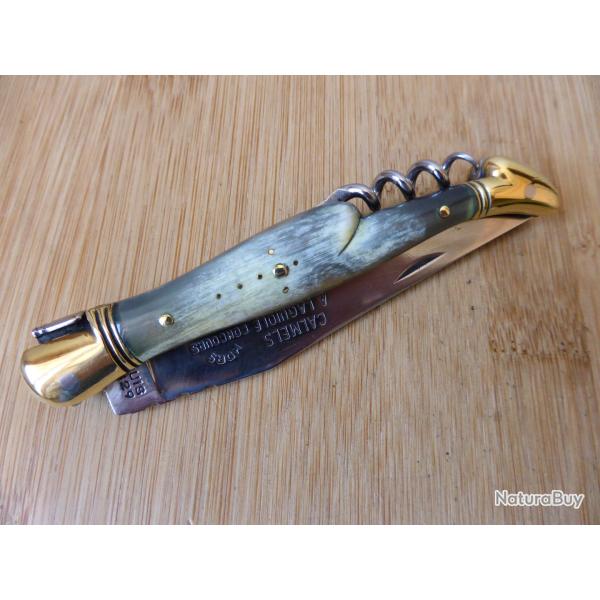 Ancien couteau pliant LAGUIOLE carbone 2 pi�ces corne CALMELS Laguiole FRANCE