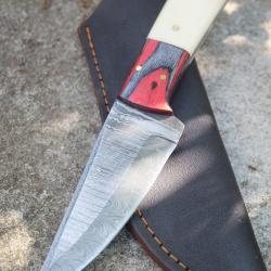 Skinner Couteau Damas Lame 256 Couches Lame Trailing Point Manche Os/Bois Fabr Artisan Etui Simili