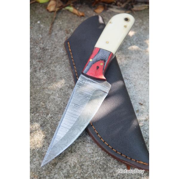 Skinner Couteau Damas Lame 256 Couches Lame Trailing Point Manche Os/Bois Fabr Artisan Etui Simili