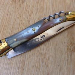 Ancien couteau pliant LAGUIOLE carbone 3 pi&egrave;ces corne BESSET JEUNE Thiers FRANCE