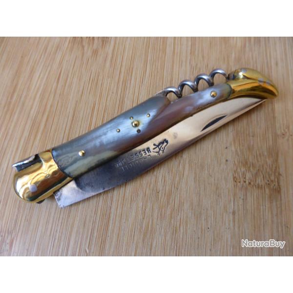 Ancien couteau pliant LAGUIOLE carbone 3 pi�ces corne BESSET JEUNE Thiers FRANCE