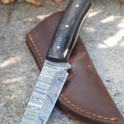 Couteau Tanto Acier Damas Lame 256 Couches Manche Micarta & Bois Etui Cuir Fabric Artisanale