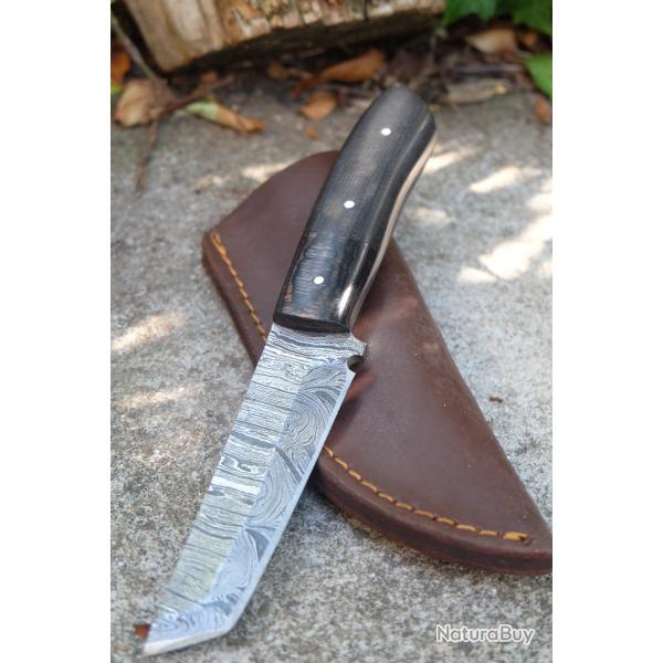 Couteau Tanto Acier Damas Lame 256 Couches Manche Micarta & Bois Etui Cuir Fabric Artisanale