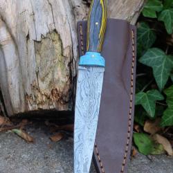 Couteau Dague Scottish Dirk Lame Acier Damas 256 Couches Manche Bois/R&eacute;sine Etui Cuir F Artisanale