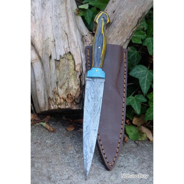 Couteau Dague Scottish Dirk Lame Acier Damas 256 Couches Manche Bois/R�sine Etui Cuir F Artisanale