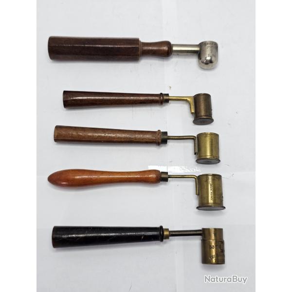 Lot de 5 doseurs de poudre et plomb anciens - Gaupillat (GR � l'ancre), Poudre T