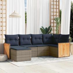 Ensemble de canap&eacute; de jardin 6 pcs avec coussins gris r&eacute;sine tress&eacute;e