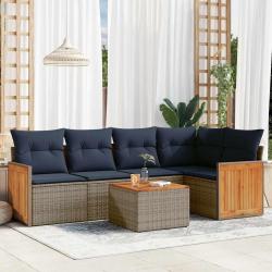 Ensemble de canap&eacute; de jardin 6 pcs avec coussins gris r&eacute;sine tress&eacute;e