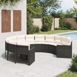 Canap&eacute; de jardin avec coussins rond noir r&eacute;sine tress&eacute;e