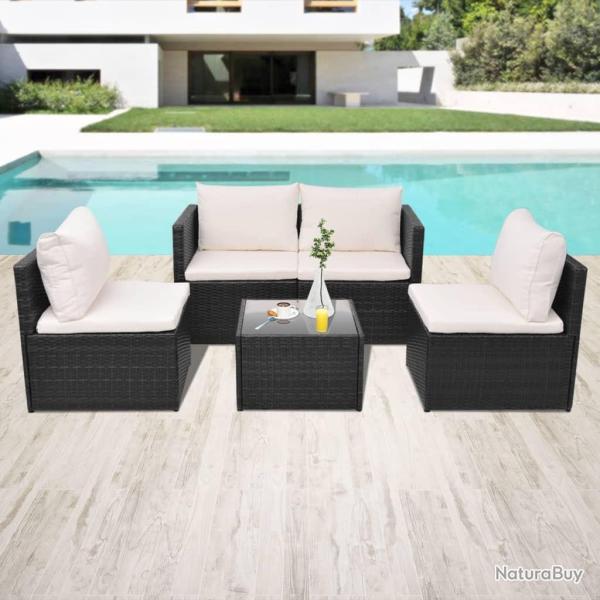 Salon de jardin 5 pcs avec coussins r�sine tress�e noir