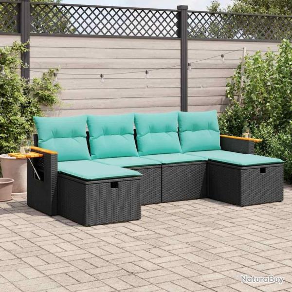 Salon de jardin 6 pcs avec coussins noir r�sine tress�e