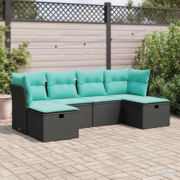 Salon de jardin 6 pcs avec coussins noir r�sine tress�e