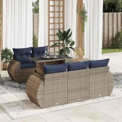 Salon de jardin avec coussins 6 pcs gris r&eacute;sine tress&eacute;e acacia