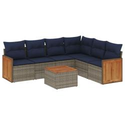 Ensemble de canap&eacute; de jardin 7 pcs avec coussins gris r&eacute;sine tress&eacute;e