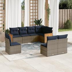 Ensemble de canap&eacute; de jardin 8 pcs avec coussins gris r&eacute;sine tress&eacute;e