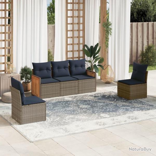 Ensemble de canap� de jardin 5 pcs avec coussins gris r�sine tress�e