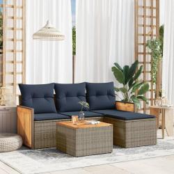 Ensemble de canap&eacute; de jardin 5 pcs avec coussins gris r&eacute;sine tress&eacute;e