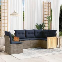 Ensemble de canap&eacute; de jardin 5 pcs avec coussins gris r&eacute;sine tress&eacute;e